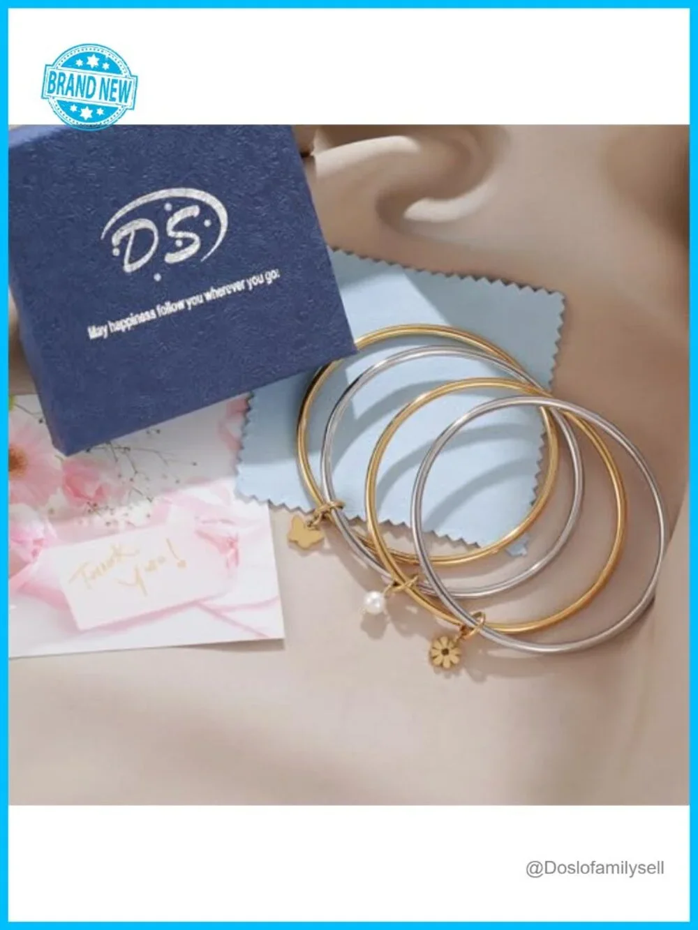 18K Gold Plated Bangle Set, 3MM Stainless Steel Wire, Butterfly Daisy Pearl